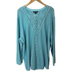 Roamans Womens Sweater Blue 4X Cotton Lace Neckline Pullover 34/36 Long Sleeve